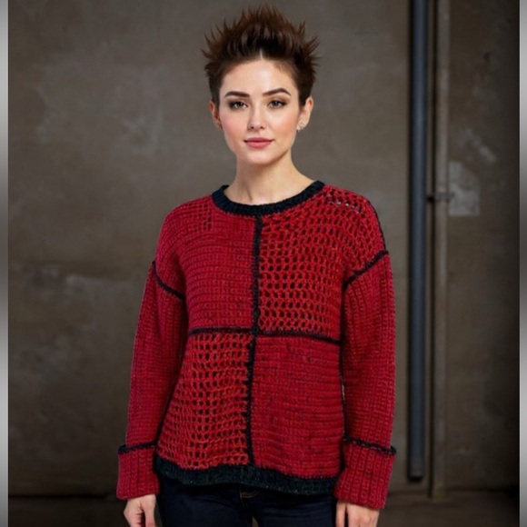 Handmade Sweaters - ARTISAN Colorblock Crochet Pullover Mesh Sweater NEW Red Black Hand Crafted
